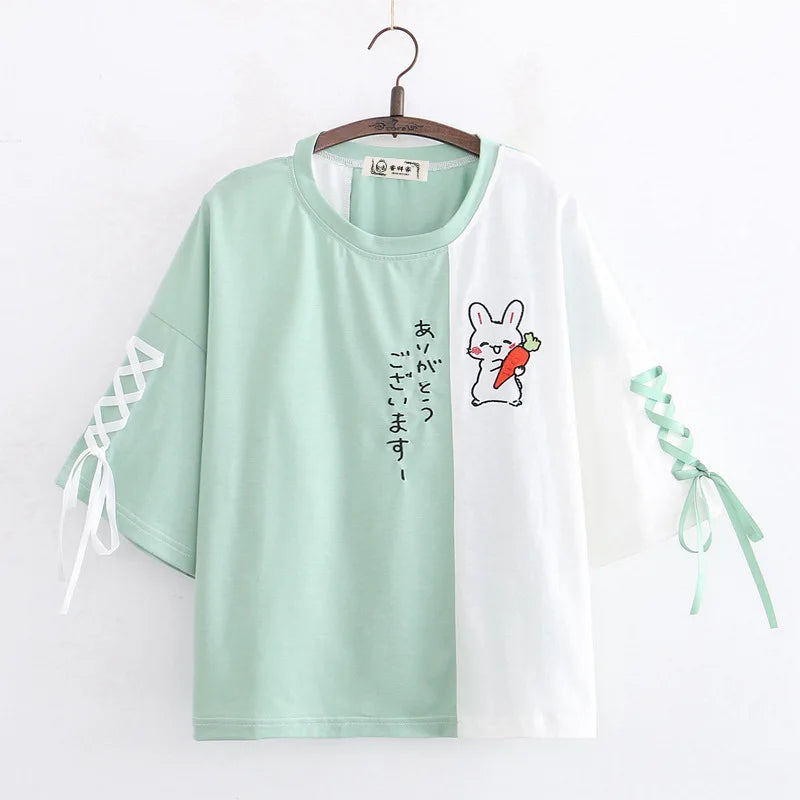 Himifashion Rabbit Kawaii T Shirt Women Cute Bunny Green Tops Girls Lolita Bow Short Sleeve Lace Up Tee Shirts