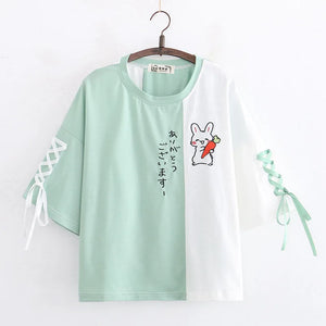 Himifashion Rabbit Kawaii T Shirt Women Cute Bunny Green Tops Girls Lolita Bow Short Sleeve Lace Up Tee Shirts