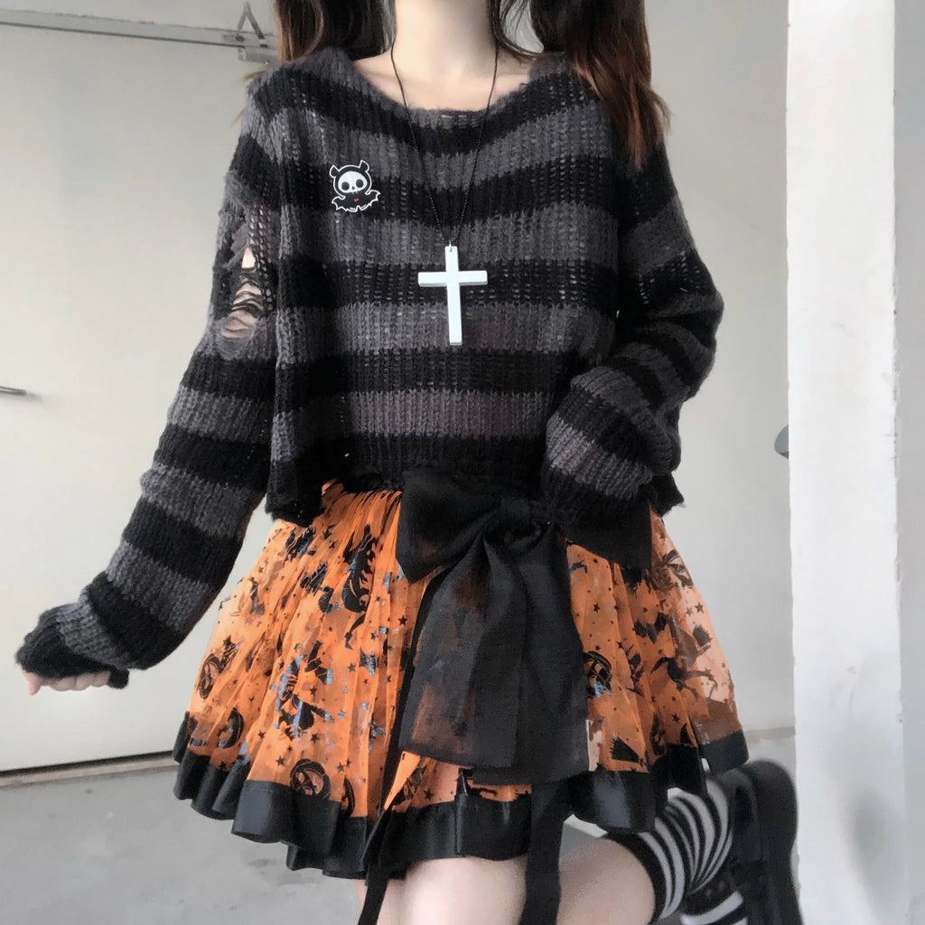Karrram Pink Striped Gothic Sweater – Women’s Ripped Knit Pullover | Fairy Grunge, Emo, Y2K Streetwear