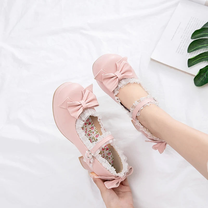 Sweet Lolita Mary Jane Heels | Women's Bow & Lace Princess Shoes with Chunky Heel (Sizes 33–48)