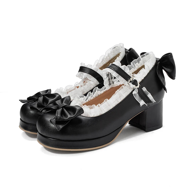 Sweet Lolita Mary Jane Heels | Women's Bow & Lace Princess Shoes with Chunky Heel (Sizes 33–48)