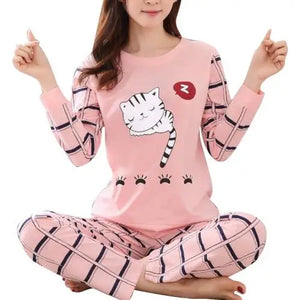 Winter Cute Cartoon Cat Print Pajama Set Women Two-pieces Long Sleeve Sleepwear Underwear Girls Pajama Sets