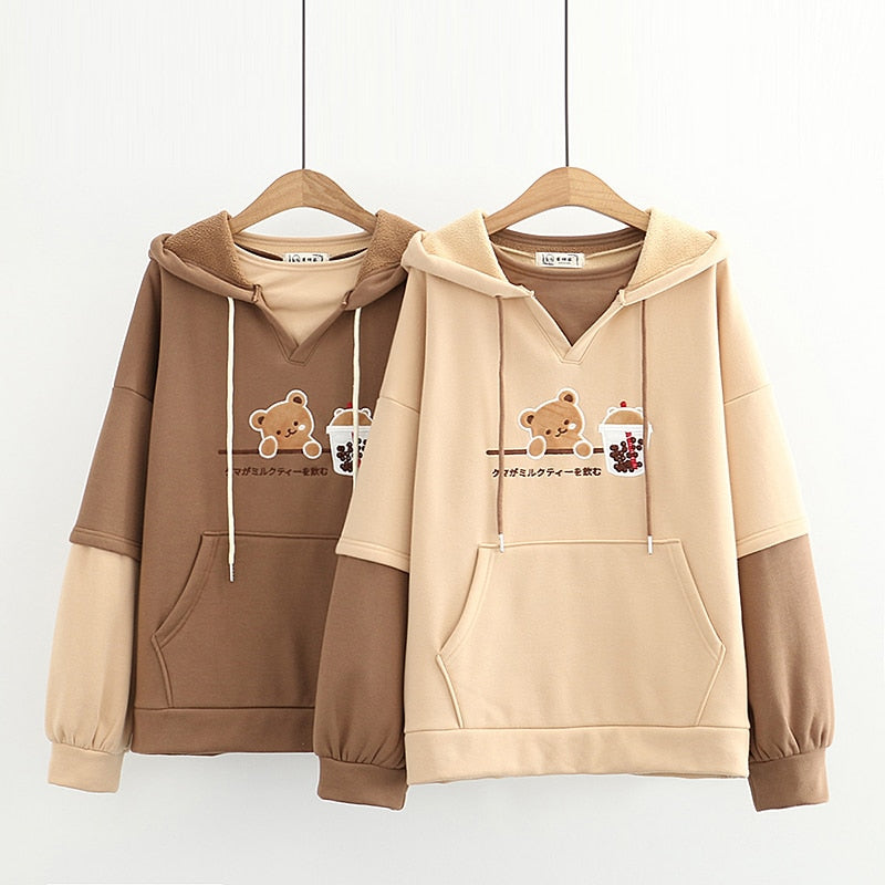 Harajuku Fashion Women Hoodies Winter Clothes Kawaii Fleece Cute Bear Anime Sweatshirt Teen Girls Aesthetic Long Sleeve Pullover