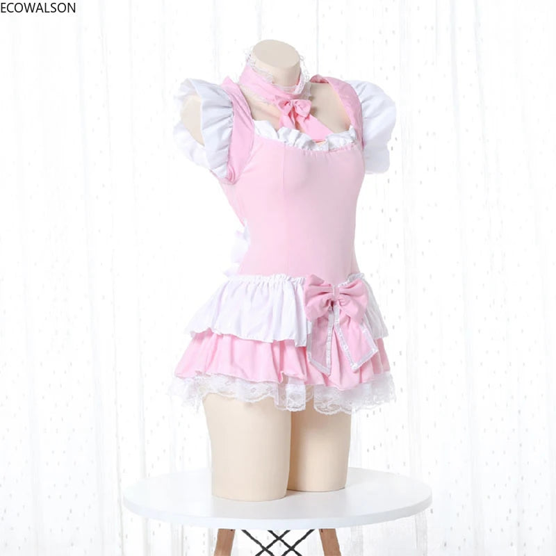Cute Pink Lolita Maid Dress Set | Kawaii Japanese Cosplay Outfit with Ruffles & Apron