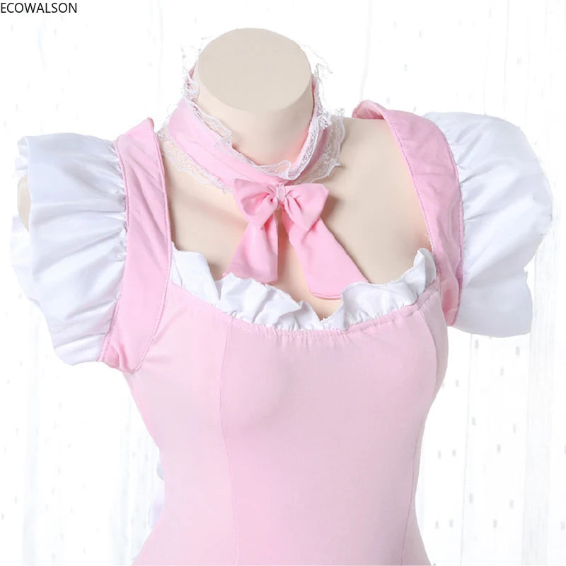 Cute Pink Lolita Maid Dress Set | Kawaii Japanese Cosplay Outfit with Ruffles & Apron
