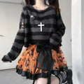 Karrram Pink Striped Gothic Sweater – Women’s Ripped Knit Pullover | Fairy Grunge, Emo, Y2K Streetwear