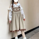 Lolita Cute Bear Corduroy Overall Dress Women Girls Sleeveless Vintage Plaid Ruffle Harajuku Casual Kawaii Suspender Dresses