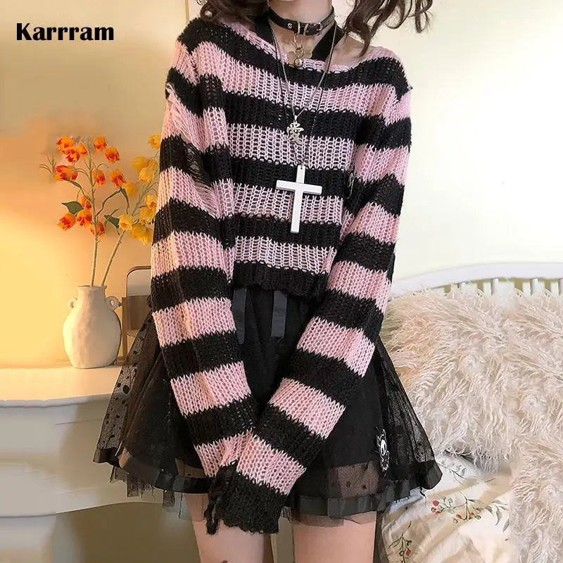 Pink Striped Gothic Sweater | Ripped Knit Y2K Pullover