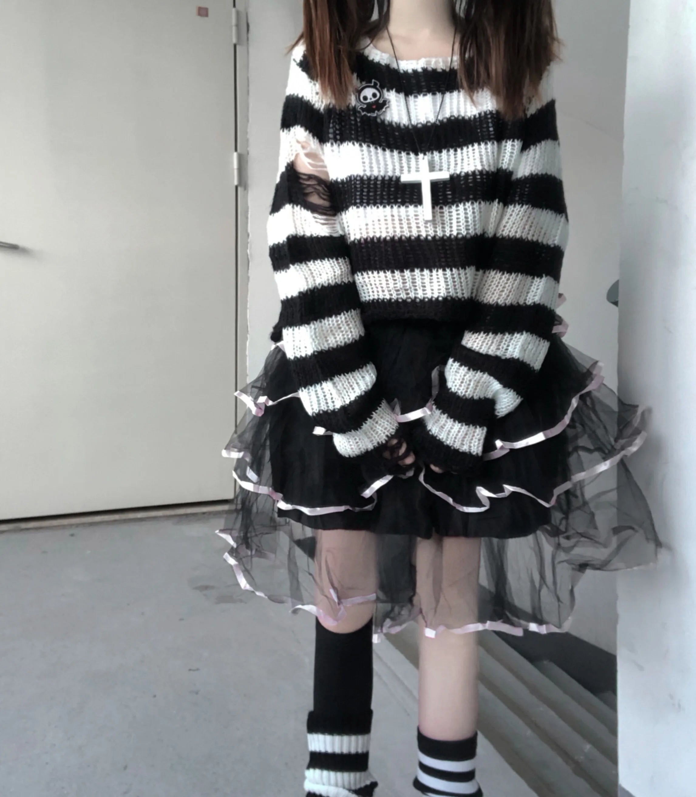 Karrram Pink Striped Gothic Sweater – Women’s Ripped Knit Pullover | Fairy Grunge, Emo, Y2K Streetwear