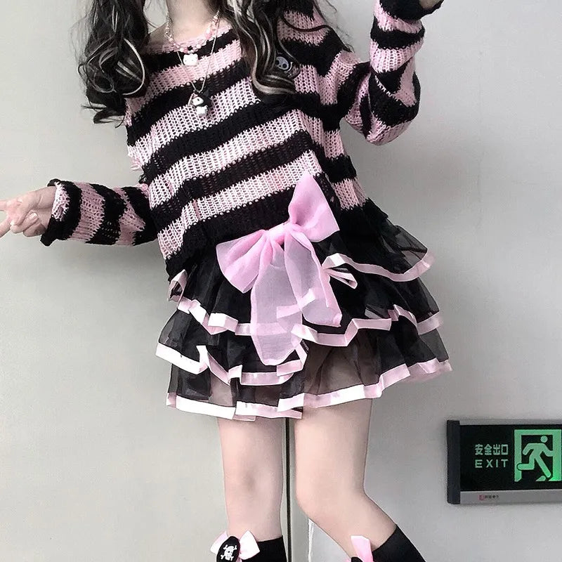 Karrram Pink Striped Gothic Sweater – Women’s Ripped Knit Pullover | Fairy Grunge, Emo, Y2K Streetwear