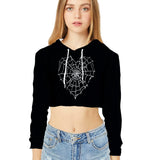 Gothic Spider Web Heart Crop Hoodie – Women’s Velvet Pullover | 240GSM Soft Luxe Fabric