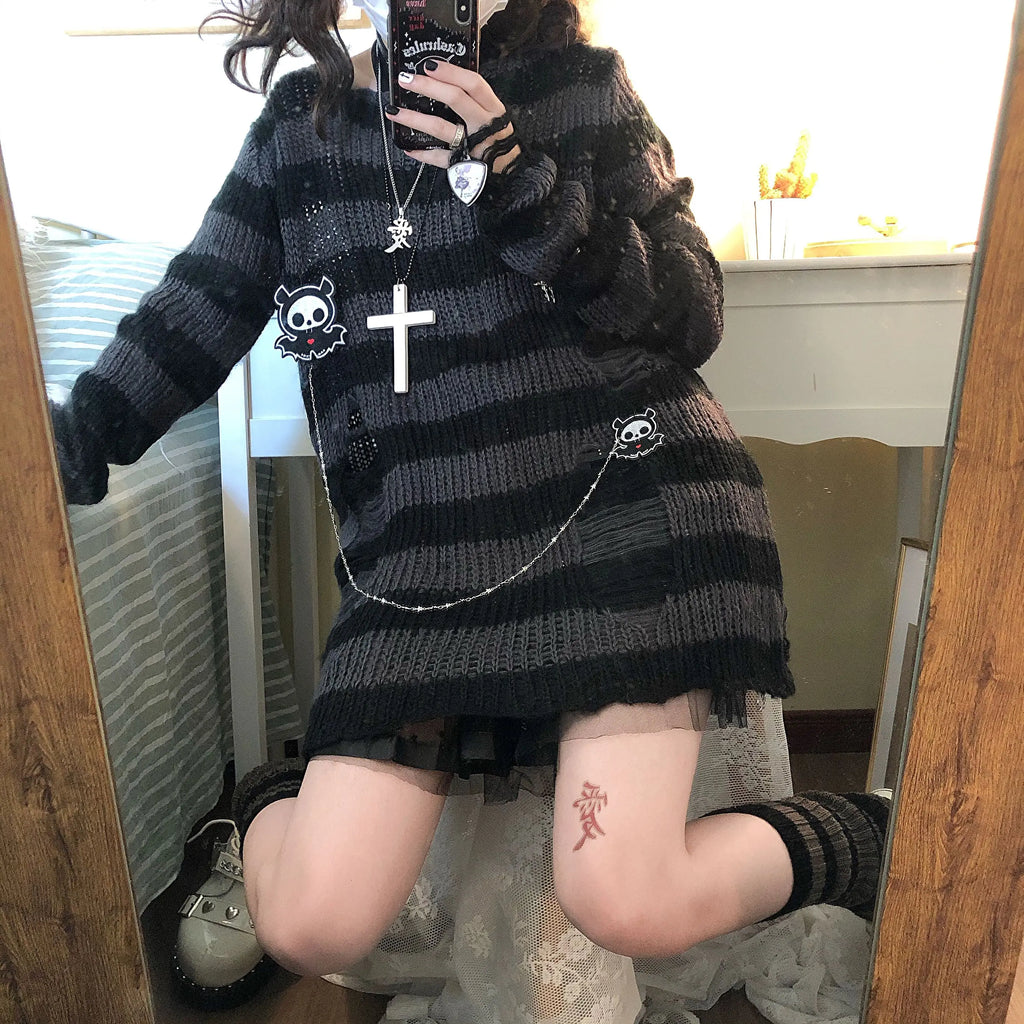 Karrram Pink Striped Gothic Sweater – Women’s Ripped Knit Pullover | Fairy Grunge, Emo, Y2K Streetwear