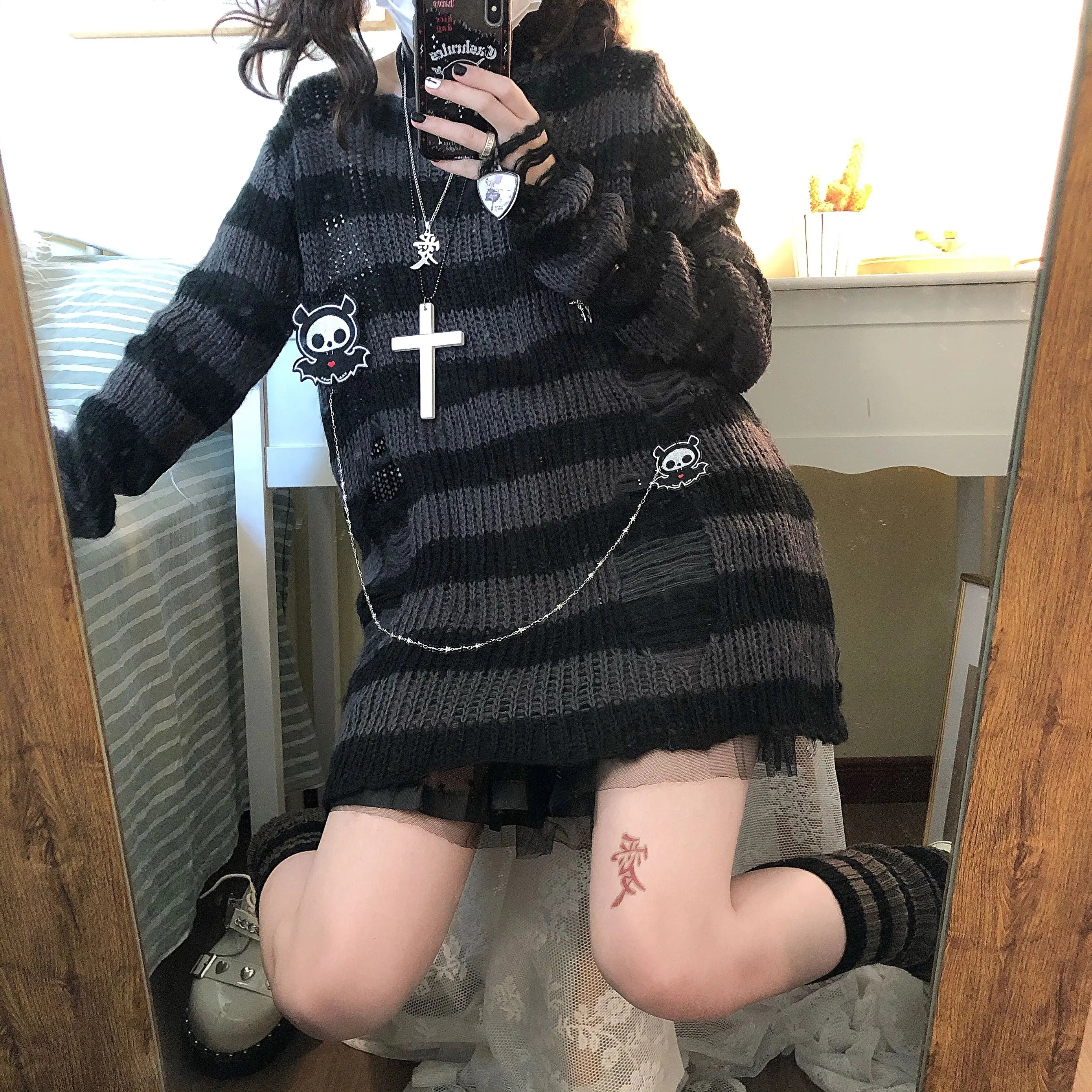 Karrram Pink Striped Gothic Sweater – Women’s Ripped Knit Pullover | Fairy Grunge, Emo, Y2K Streetwear