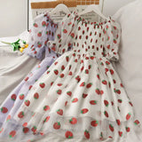 Kawaii Strawberry Dress French Style Lace Chiffon Sweet Dress Casual Puff Sleeve Elegant Printed Dress