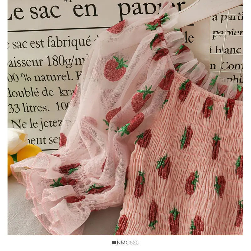 Kawaii Strawberry Dress French Style Lace Chiffon Sweet Dress Casual Puff Sleeve Elegant Printed Dress