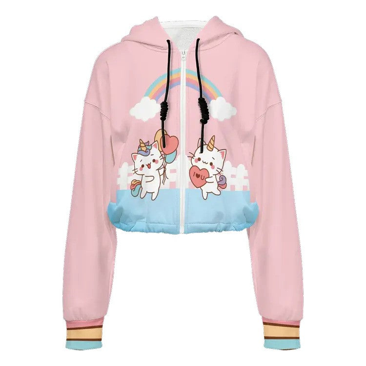 Happy Day Kawaii Cropped Full-Zip Hoodie-Super Heavy 375g