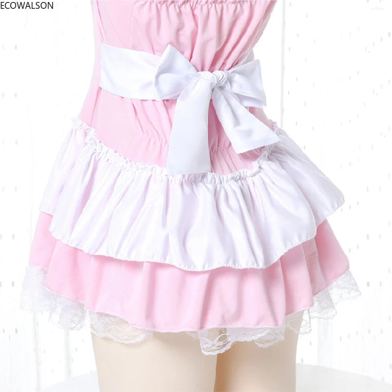 Cute Pink Lolita Maid Dress Set | Kawaii Japanese Cosplay Outfit with Ruffles & Apron