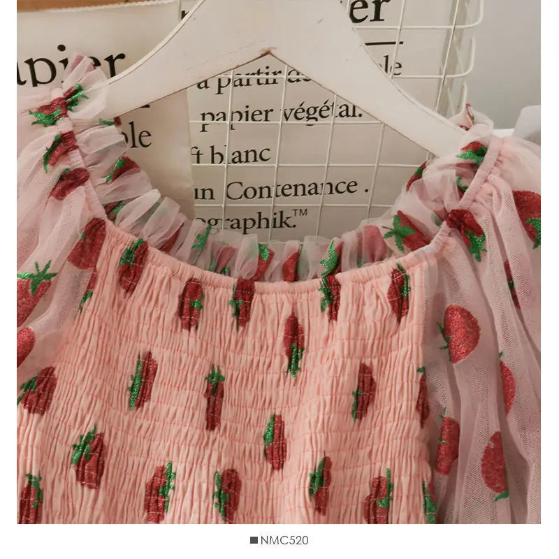 Kawaii Strawberry Dress French Style Lace Chiffon Sweet Dress Casual Puff Sleeve Elegant Printed Dress
