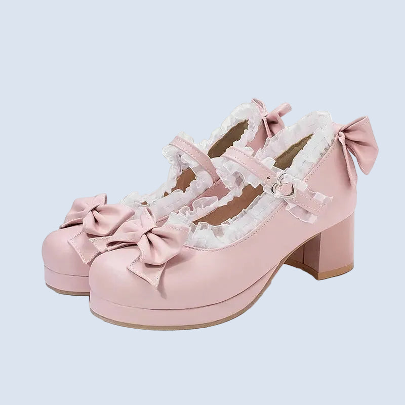 Sweet Lolita Mary Jane Heels | Women's Bow & Lace Princess Shoes with Chunky Heel (Sizes 33–48)