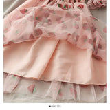 Kawaii Strawberry Dress French Style Lace Chiffon Sweet Dress Casual Puff Sleeve Elegant Printed Dress