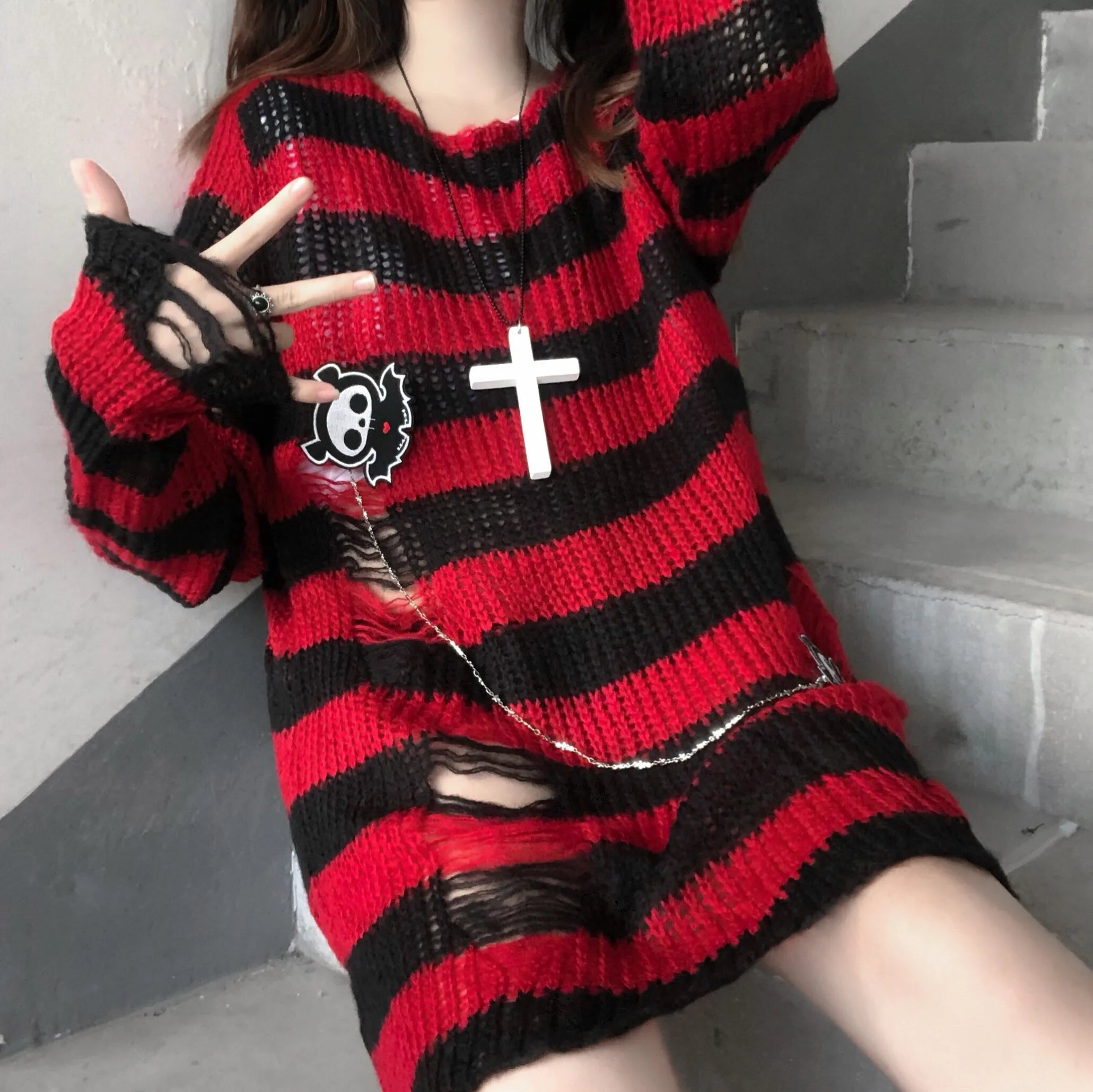 Karrram Pink Striped Gothic Sweater – Women’s Ripped Knit Pullover | Fairy Grunge, Emo, Y2K Streetwear