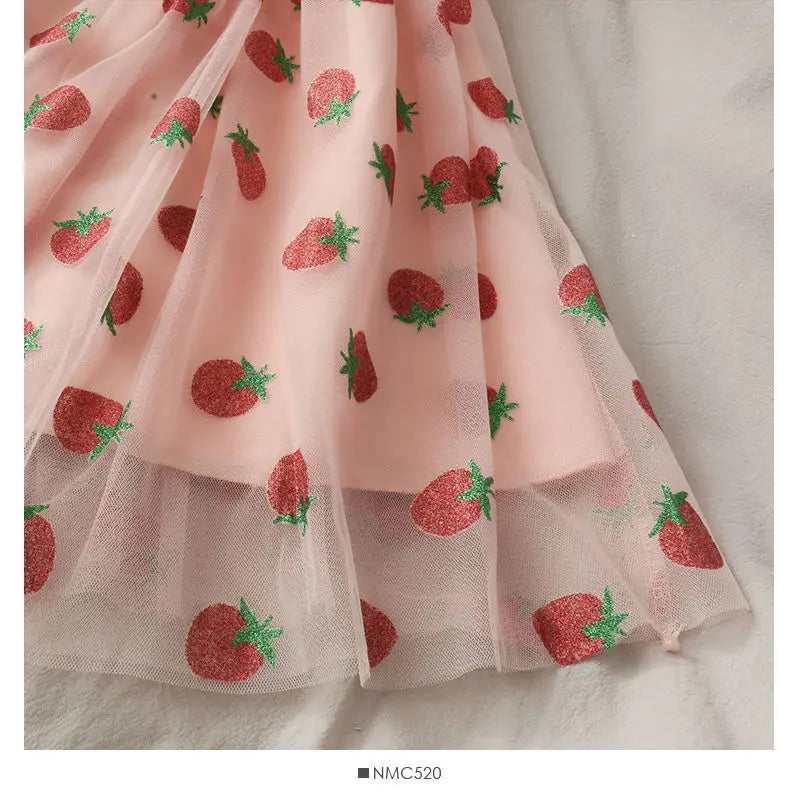 Kawaii Strawberry Dress French Style Lace Chiffon Sweet Dress Casual Puff Sleeve Elegant Printed Dress