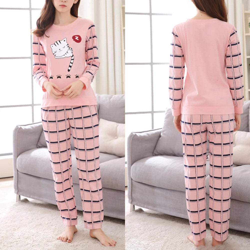 Winter Cute Cartoon Cat Print Pajama Set Women Two-pieces Long Sleeve Sleepwear Underwear Girls Pajama Sets