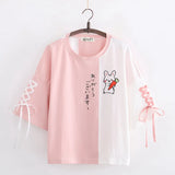 Himifashion Rabbit Kawaii T Shirt Women Cute Bunny Green Tops Girls Lolita Bow Short Sleeve Lace Up Tee Shirts