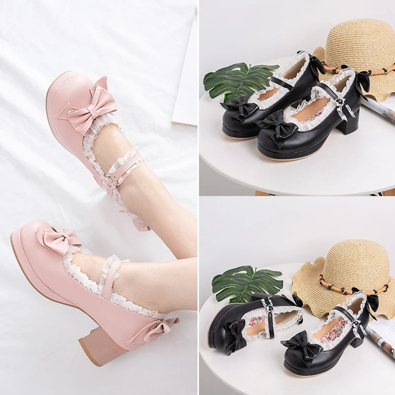 Sweet Lolita Mary Jane Heels | Women's Bow & Lace Princess Shoes with Chunky Heel (Sizes 33–48)