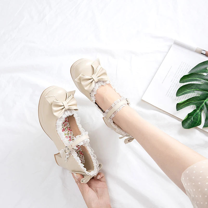 Sweet Lolita Mary Jane Heels | Women's Bow & Lace Princess Shoes with Chunky Heel (Sizes 33–48)