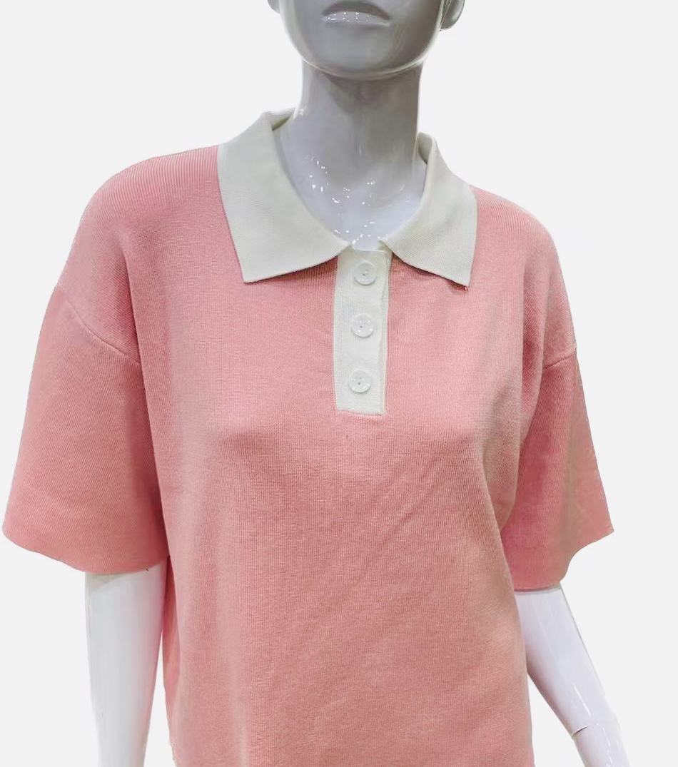 Pink Knitted Polo Shirt – Kawaii Preppy Short Sleeve Top