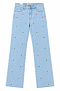 Kawaii Strawberry Embroidered Jeans – Light Blue Stretch Denim