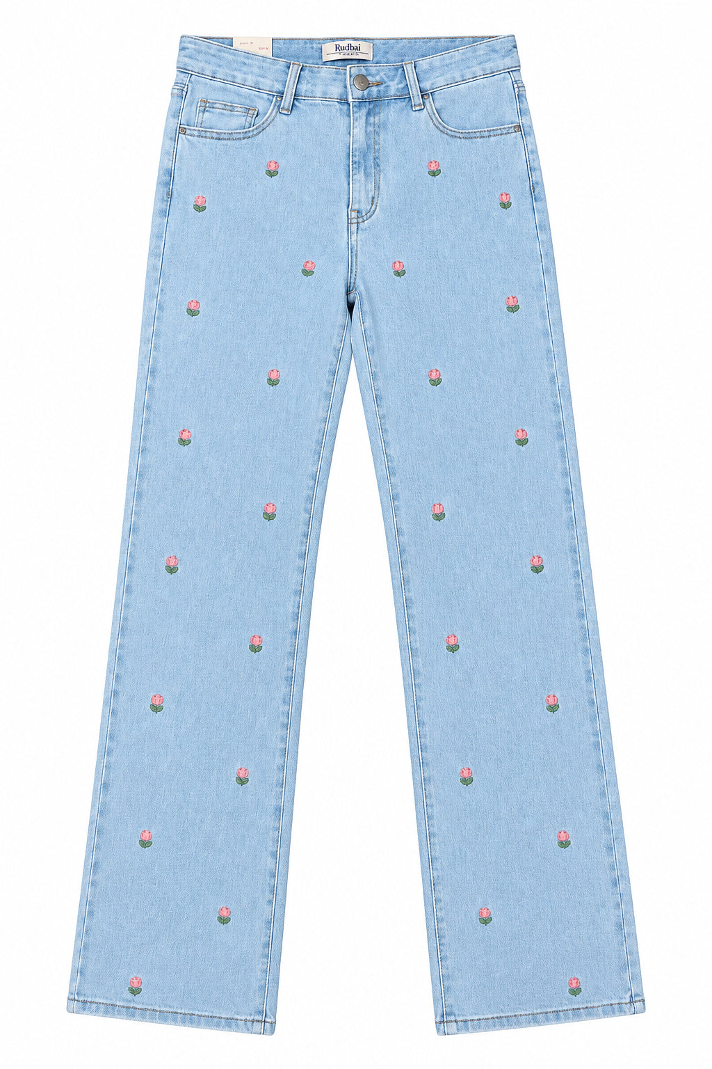 Kawaii Strawberry Embroidered Jeans – Light Blue Stretch Denim