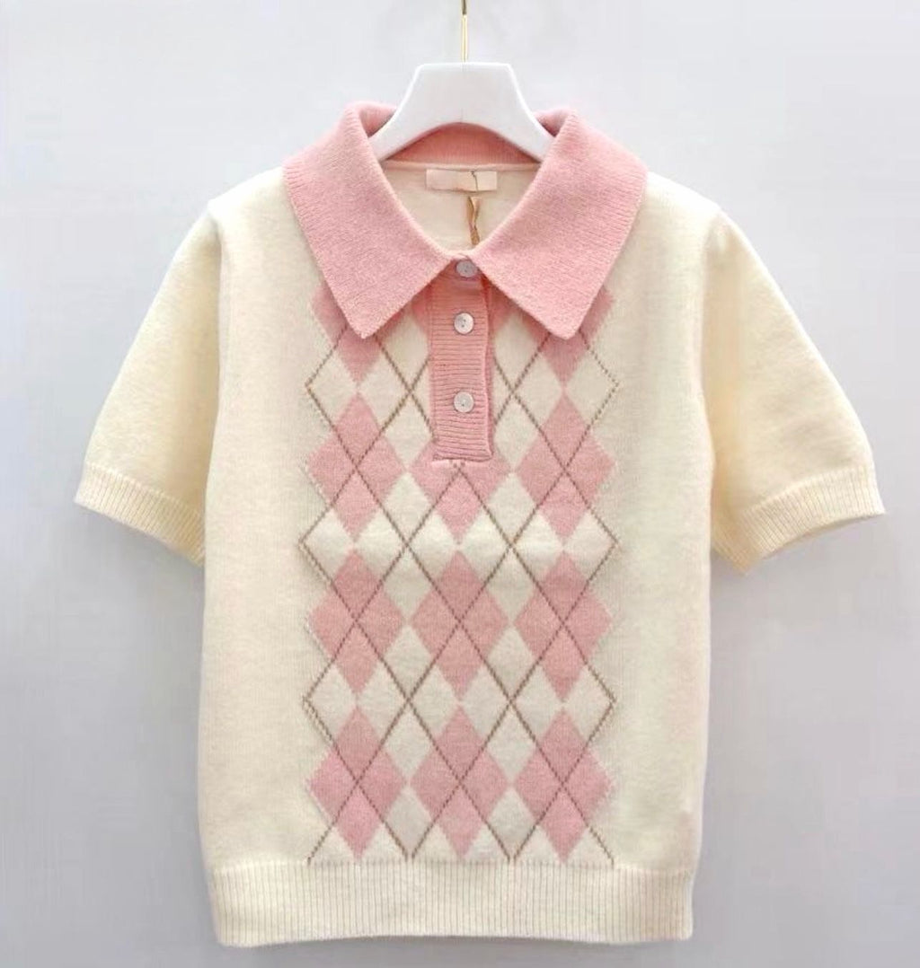 Mochi Argyle Polo – Pink Kawaii Knitted Polo Shirt | Preppy Short Sleeve Top
