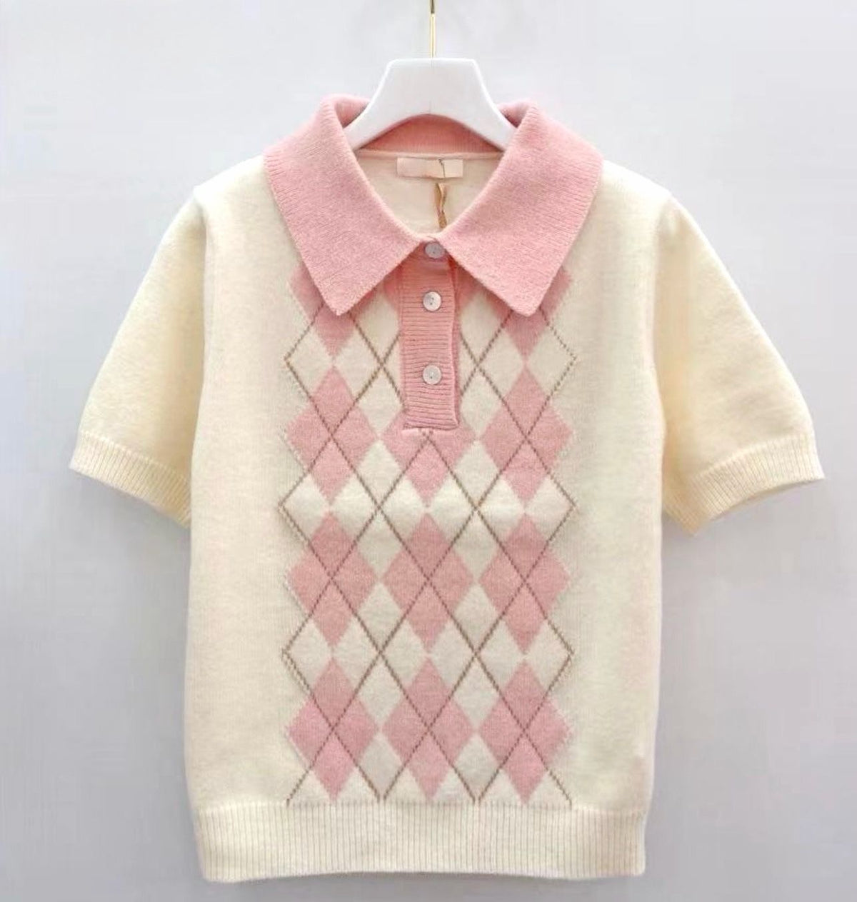 Mochi Argyle Polo – Pink Kawaii Knitted Polo Shirt | Preppy Short Sleeve Top