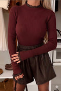 Damen Rippstrick Oberteil mit Spitze – Langarmshirt Burgundy mit Stehkragen