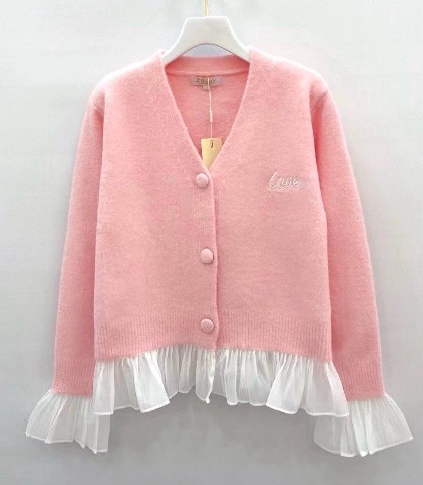 Pink Ruffle Knit Cardigan with Love Embroidery | Kawaii Heaven