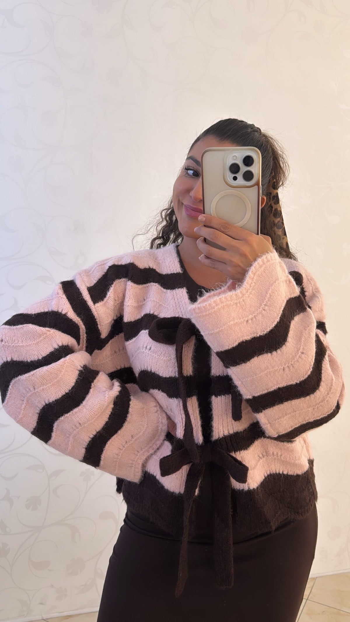 Pink & Brown Striped Bow Cardigan – Cute Coquette Knit Sweater
