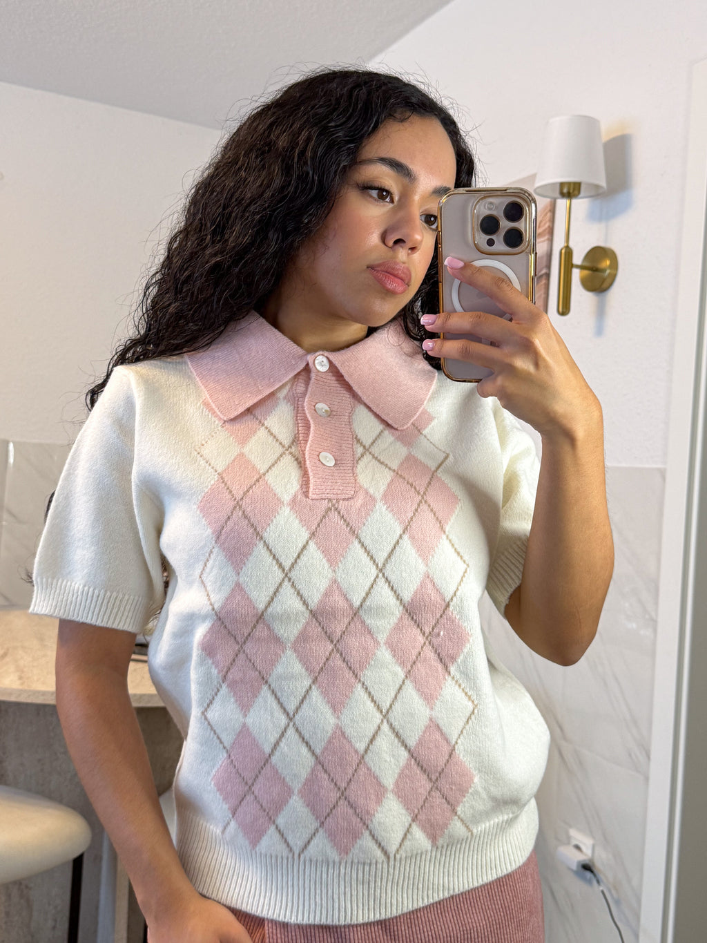Mochi Argyle Polo – Pink Kawaii Knitted Polo Shirt | Preppy Short Sleeve Top