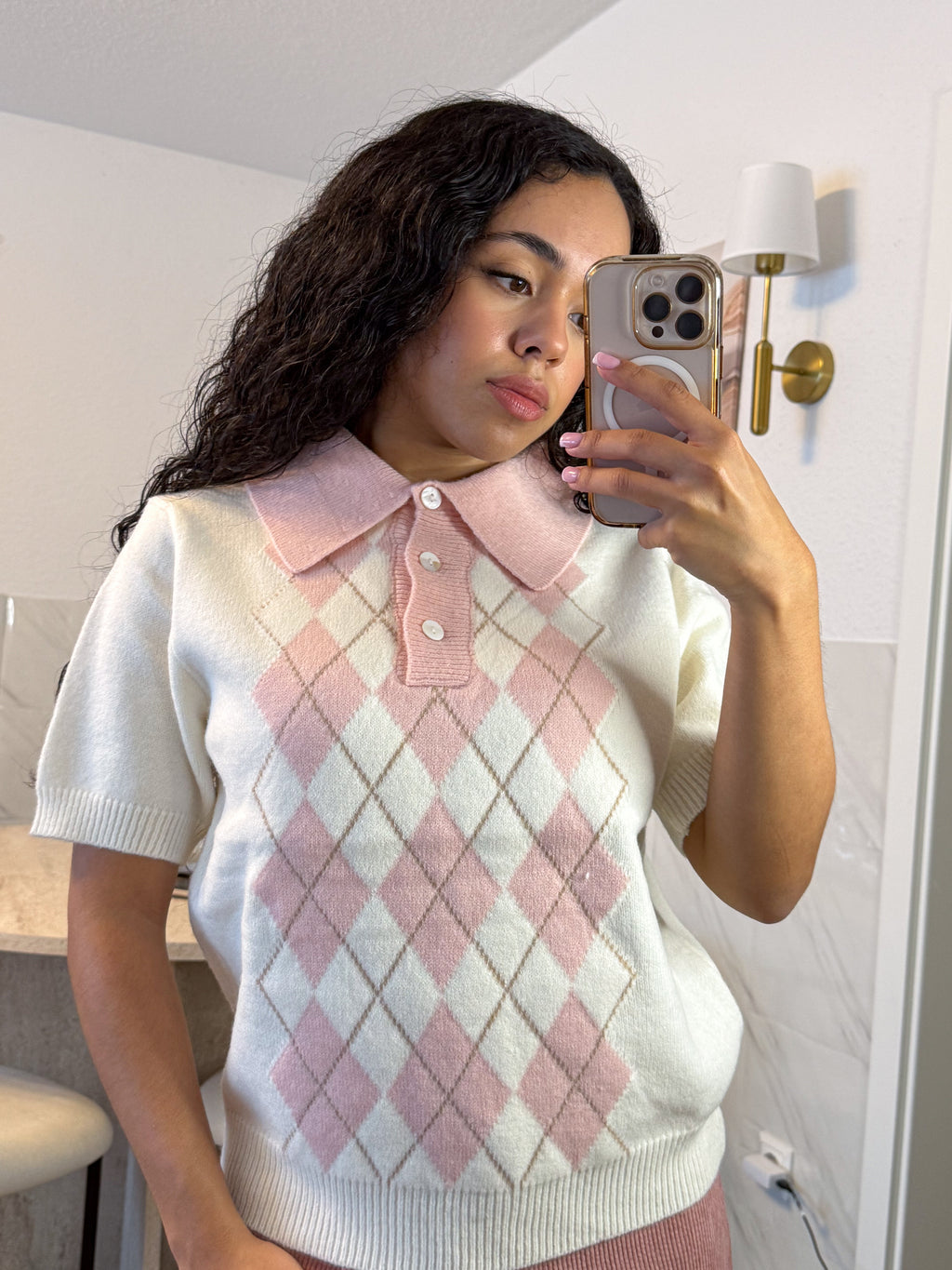 Mochi Argyle Polo – Pink Kawaii Knitted Polo Shirt | Preppy Short Sleeve Top