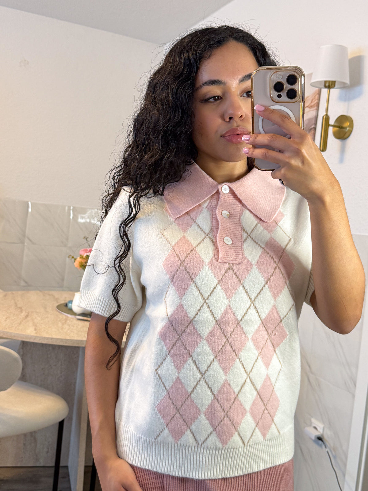 Mochi Argyle Polo – Pink Kawaii Knitted Polo Shirt | Preppy Short Sleeve Top