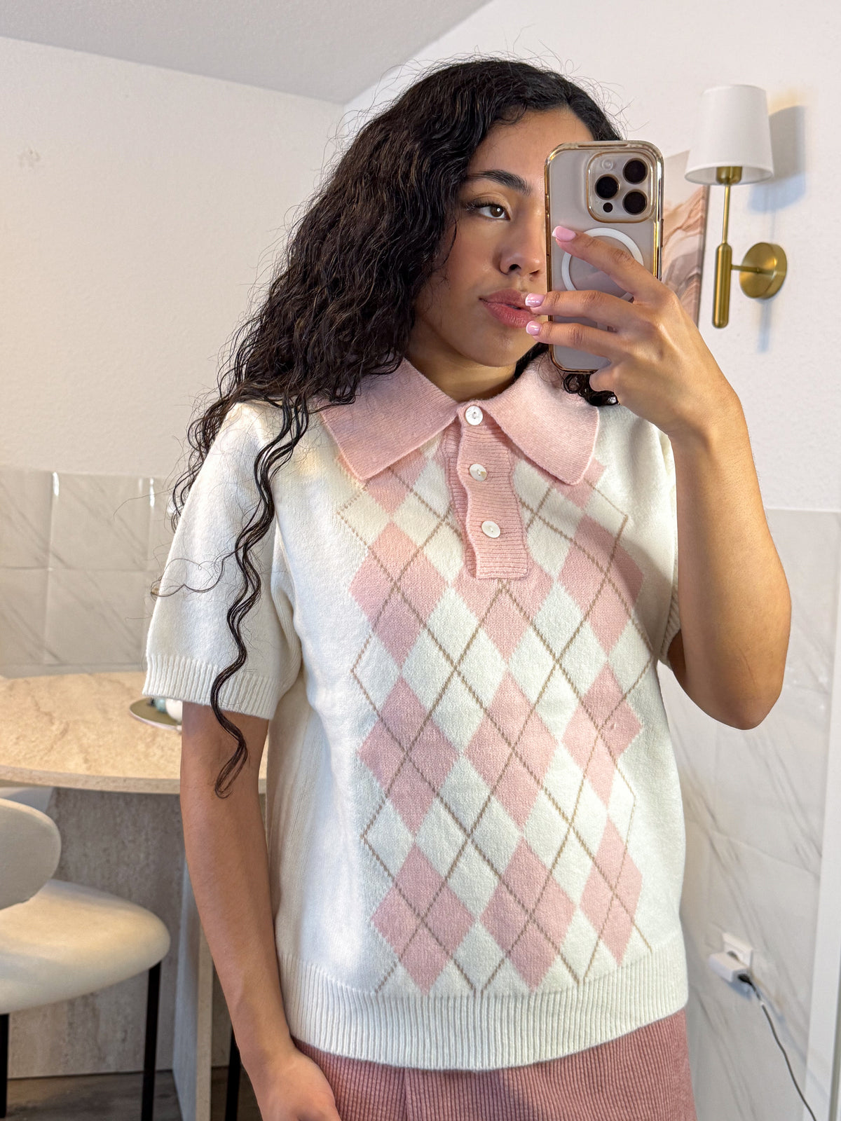 Mochi Argyle Polo – Pink Kawaii Knitted Polo Shirt | Preppy Short Sleeve Top