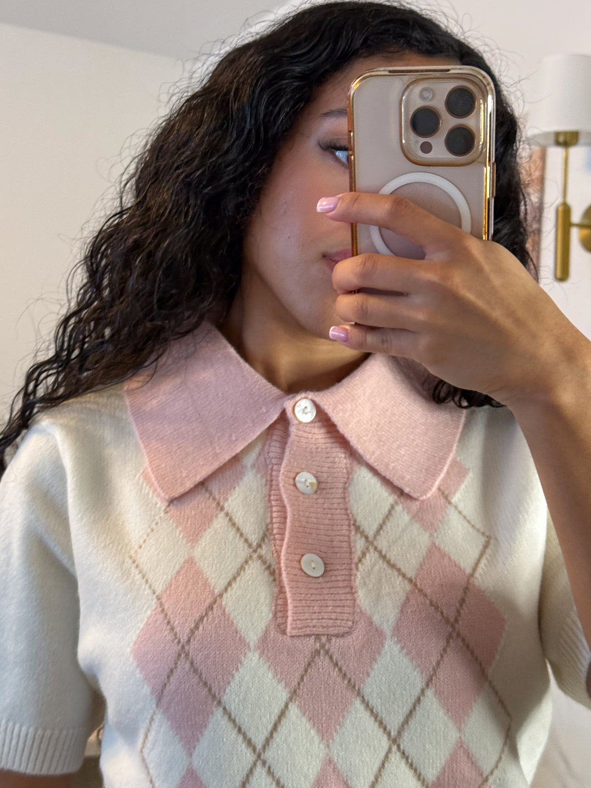 Mochi Argyle Polo – Pink Kawaii Knitted Polo Shirt | Preppy Short Sleeve Top