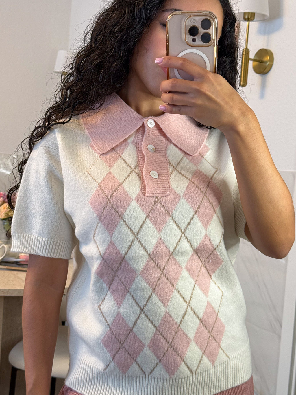Mochi Argyle Polo – Pink Kawaii Knitted Polo Shirt | Preppy Short Sleeve Top