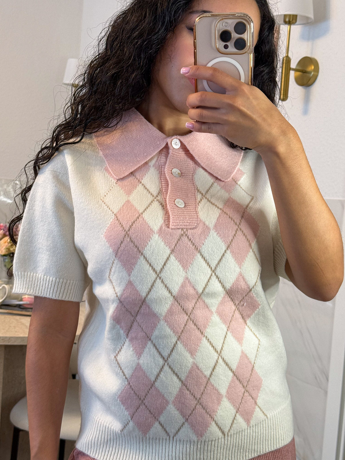 Mochi Argyle Polo – Pink Kawaii Knitted Polo Shirt | Preppy Short Sleeve Top