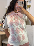 Mochi Argyle Polo – Pink Kawaii Knitted Polo Shirt | Preppy Short Sleeve Top