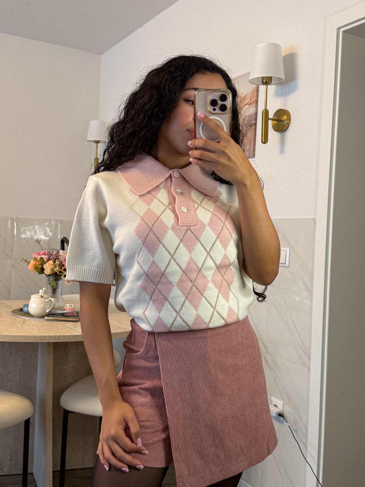 Mochi Argyle Polo – Pink Kawaii Knitted Polo Shirt | Preppy Short Sleeve Top