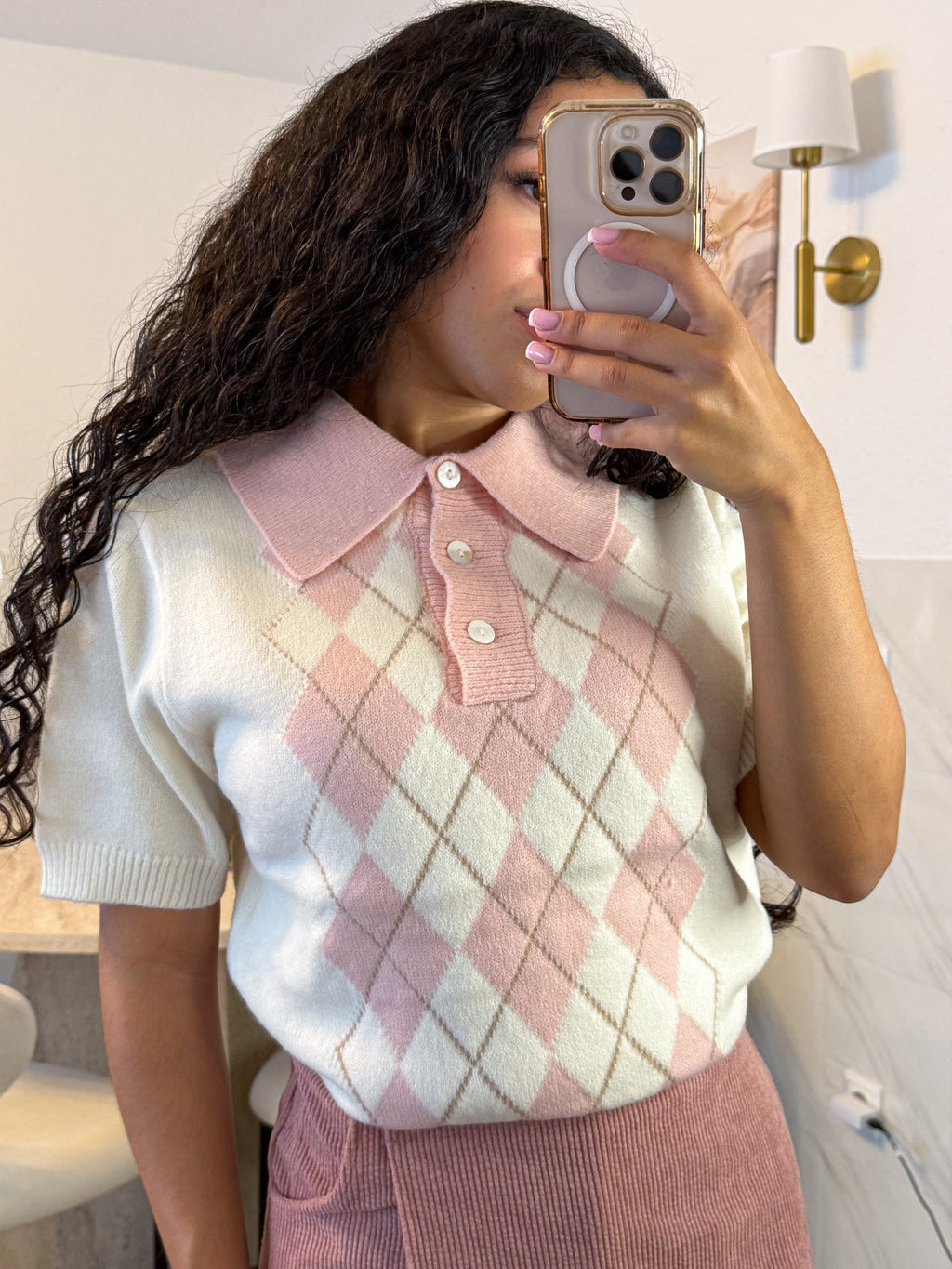 Mochi Argyle Polo – Pink Kawaii Knitted Polo Shirt | Preppy Short Sleeve Top