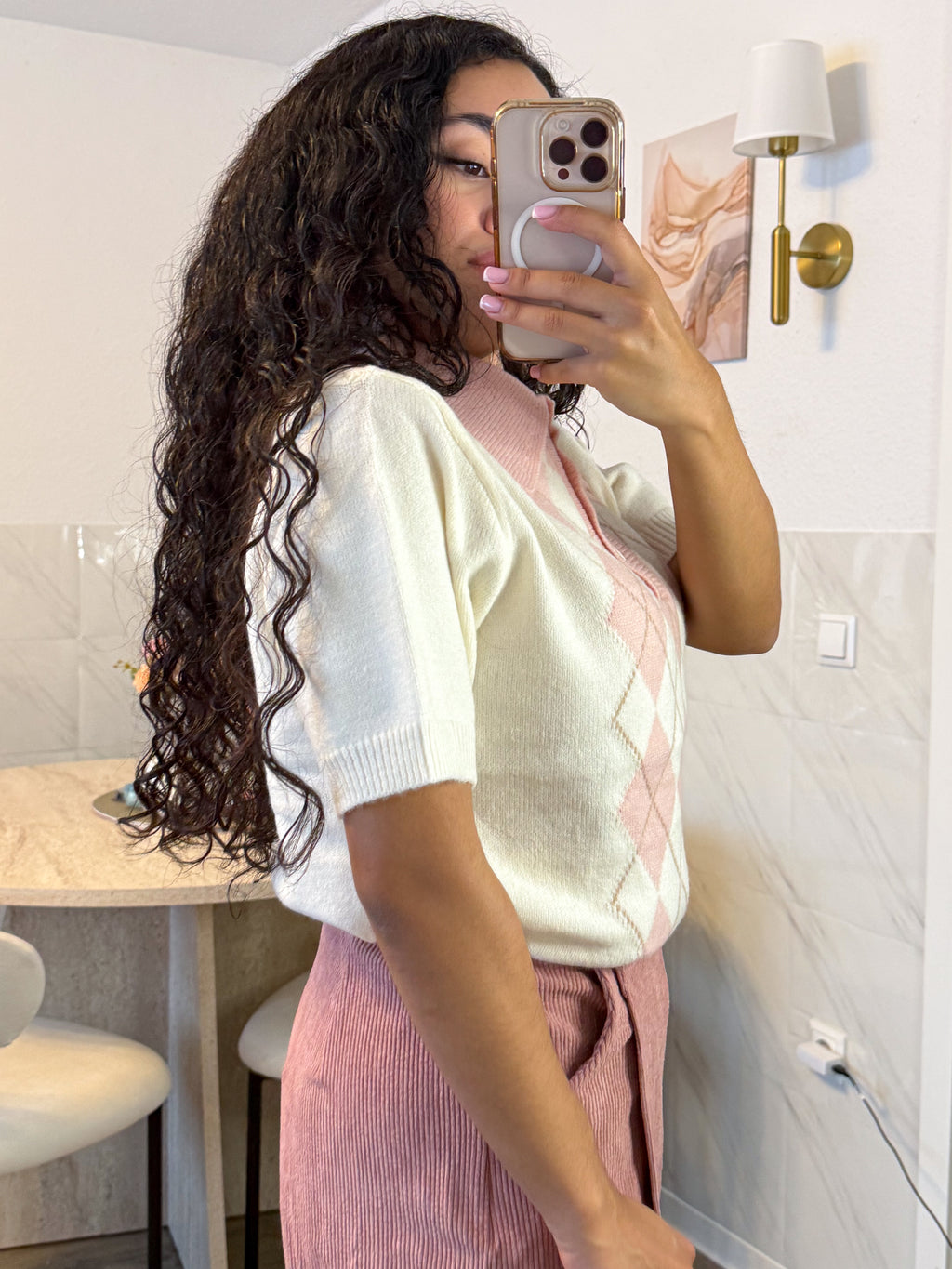 Mochi Argyle Polo – Pink Kawaii Knitted Polo Shirt | Preppy Short Sleeve Top