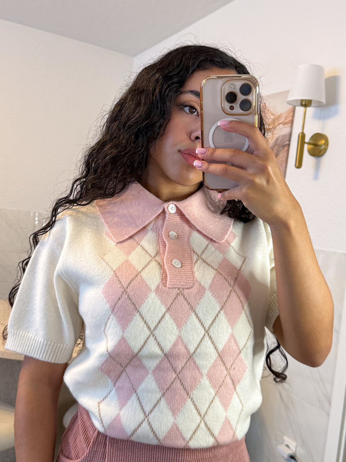 Mochi Argyle Polo – Pink Kawaii Knitted Polo Shirt | Preppy Short Sleeve Top